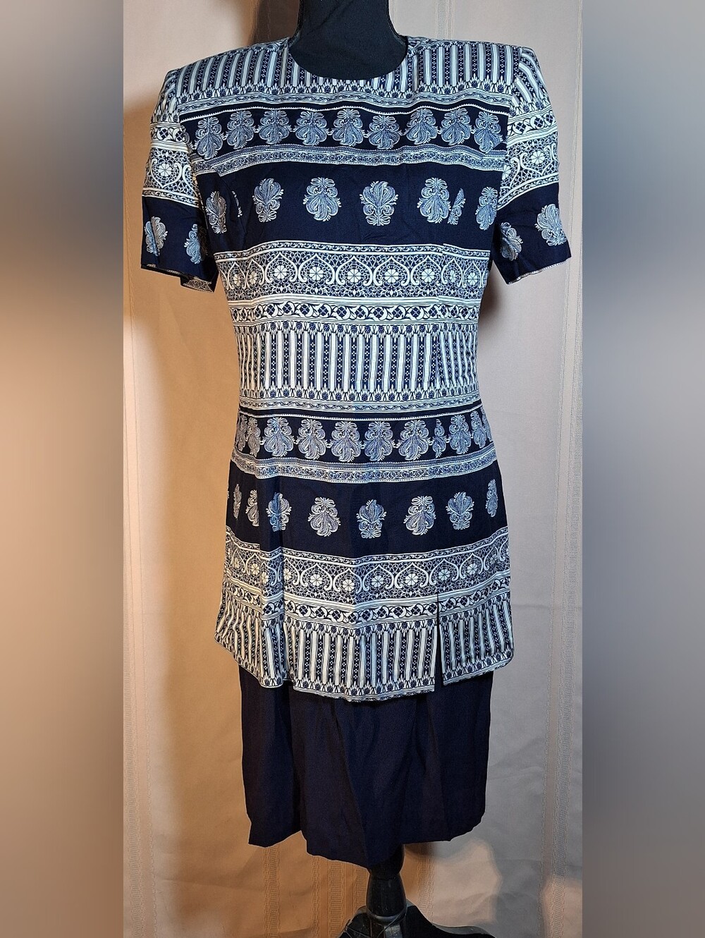 K.C. SPENCER Navy Blue Printed Midi Dress with White Pattern